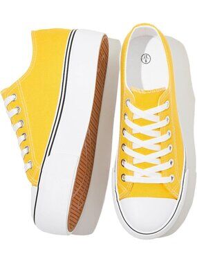 Women's Yellow Platform Sneakers Canvas Shoes Platform Breathable Lace Up Shoes